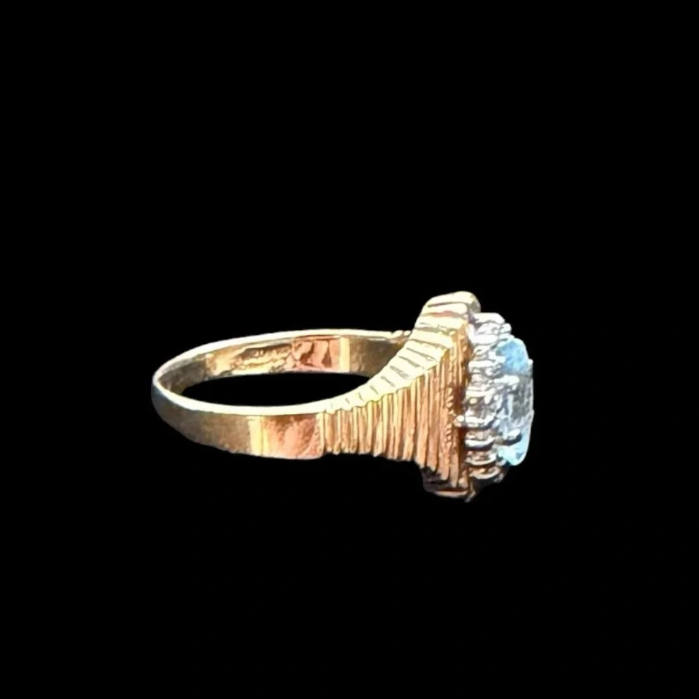 Vintage 14K Yellow Gold Marquise Blue Topaz and Diamond Halo Ring Size 6.5